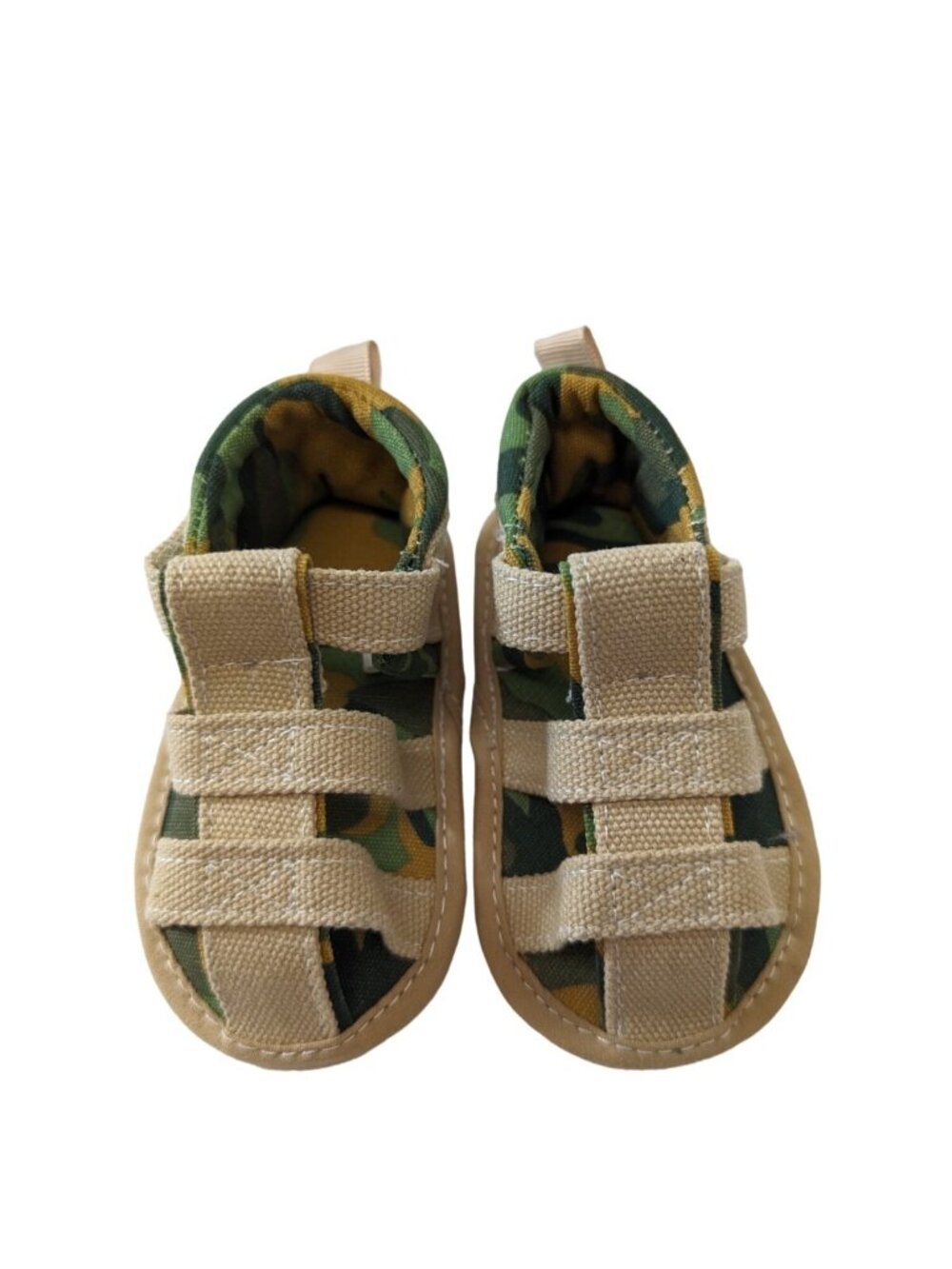 First Steps By Stepping Stones Canvas Sandals Size 3 6-9 Months Tan with Camo
